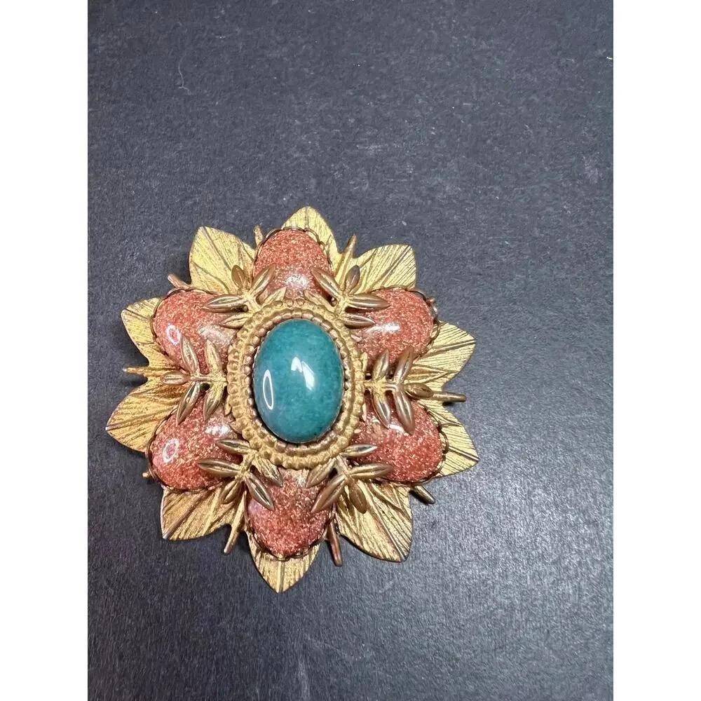 Vintage DeNicola Style Floral Brooch Gold Tone Faux Turquoise Glitter Cab